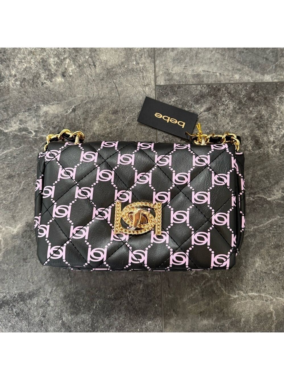 bebe Mini Monogram Crossbody Black And Pink Bag Purse NWT